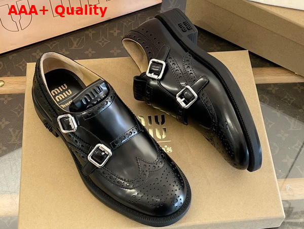 Miu Miu Churchs x Miu Miu Brushed Leather Double Monk Brogue Shoes in Black 5E039E Replica