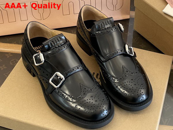 Miu Miu Churchs x Miu Miu Brushed Leather Double Monk Brogue Shoes in Black 5E039E Replica