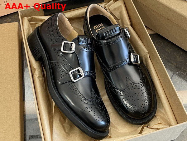 Miu Miu Churchs x Miu Miu Brushed Leather Double Monk Brogue Shoes in Black 5E039E Replica