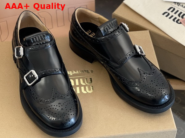Miu Miu Churchs x Miu Miu Brushed Leather Double Monk Brogue Shoes in Black 5E039E Replica