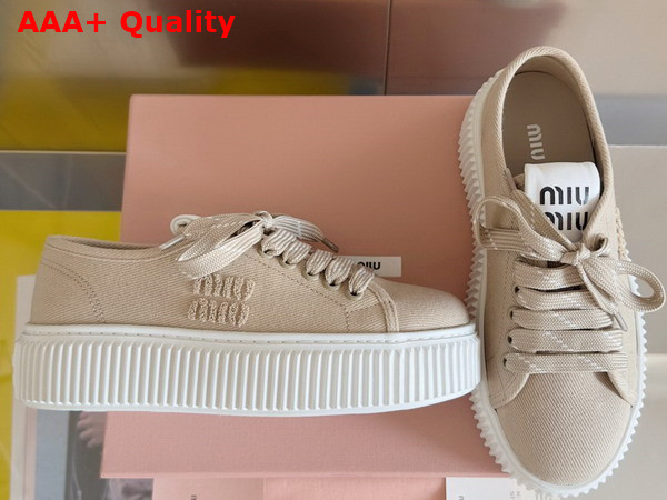 Miu Miu Denim Sneakers with Logo Colonial Beige 5E389E Replica