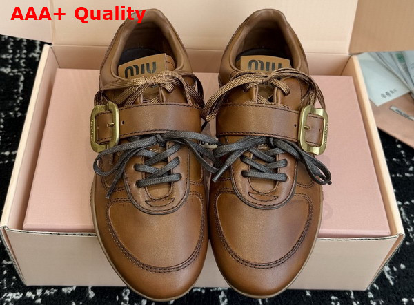Miu Miu Gymnasium Leather Sneakers with Buckle in Cognac with an Aged Look 5E549E Replica