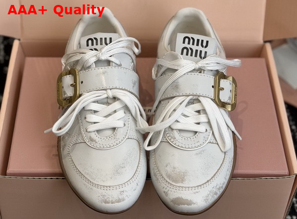 Miu Miu Gymnasium Leather Sneakers with Buckle in White with an Aged Look 5E549E Replica