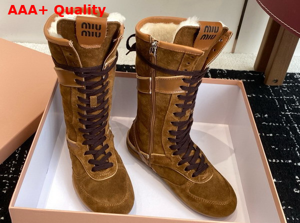 Miu Miu Gymnasium Suede and Leather Boxeur Boots in Cocoa Brown 5W429E Replica