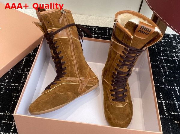 Miu Miu Gymnasium Suede and Leather Boxeur Boots in Cocoa Brown 5W429E Replica