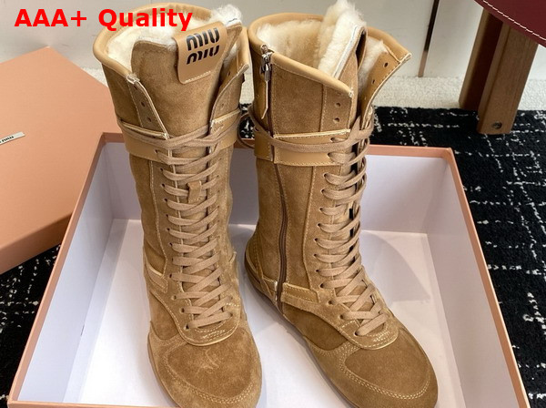 Miu Miu Gymnasium Suede and Leather Boxeur Boots in Oak 5W429E Replica