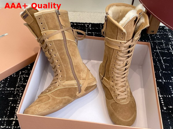 Miu Miu Gymnasium Suede and Leather Boxeur Boots in Oak 5W429E Replica
