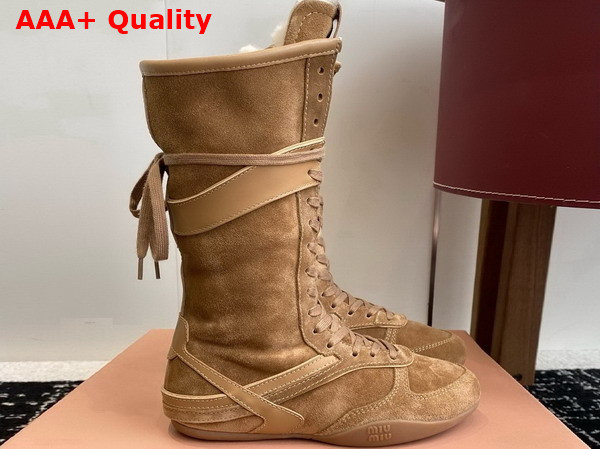 Miu Miu Gymnasium Suede and Leather Boxeur Boots in Oak 5W429E Replica