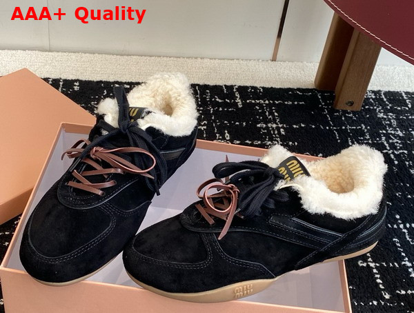 Miu Miu Gymnasium Suede and Shearling Sneakers in Black 5E428E Replica
