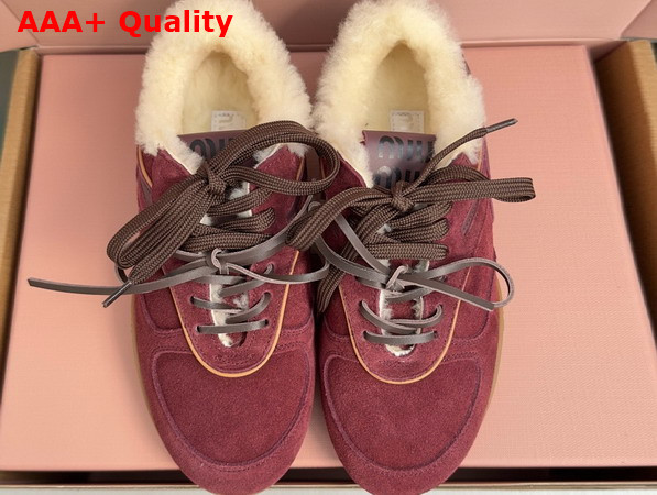 Miu Miu Gymnasium Suede and Shearling Sneakers in Burgundy 5E428E Replica