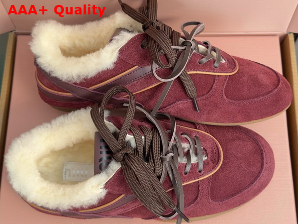 Miu Miu Gymnasium Suede and Shearling Sneakers in Burgundy 5E428E Replica