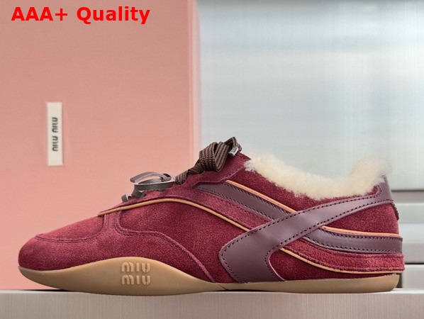 Miu Miu Gymnasium Suede and Shearling Sneakers in Burgundy 5E428E Replica