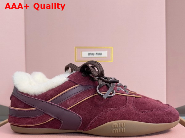 Miu Miu Gymnasium Suede and Shearling Sneakers in Burgundy 5E428E Replica