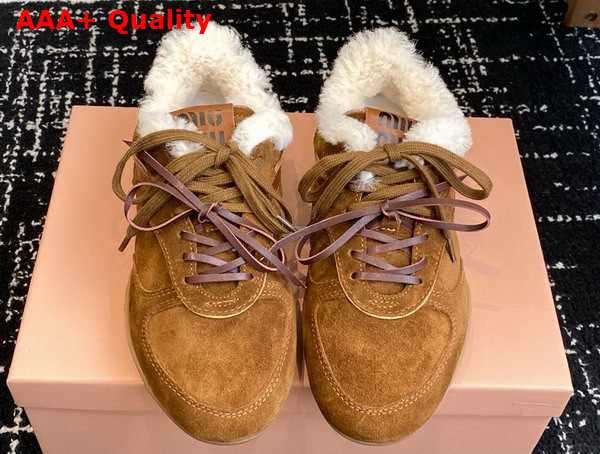 Miu Miu Gymnasium Suede and Shearling Sneakers in Cinnamon 5E428E Replica