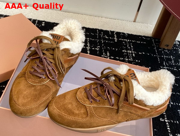 Miu Miu Gymnasium Suede and Shearling Sneakers in Cinnamon 5E428E Replica