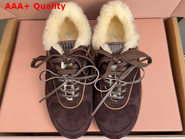 Miu Miu Gymnasium Suede and Shearling Sneakers in Dark Brown 5E428E Replica