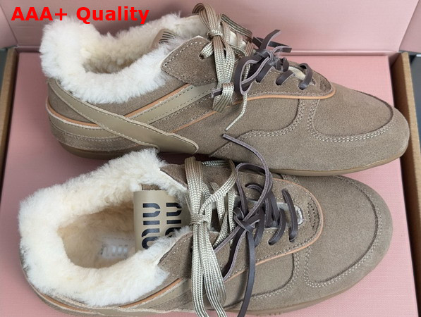 Miu Miu Gymnasium Suede and Shearling Sneakers in Desert Beige 5E428E Replica
