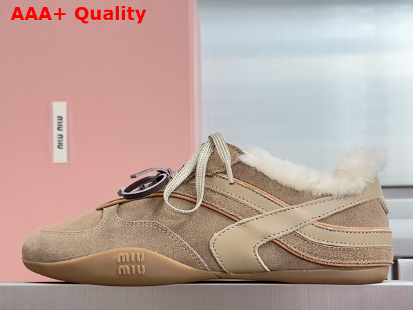 Miu Miu Gymnasium Suede and Shearling Sneakers in Desert Beige 5E428E Replica