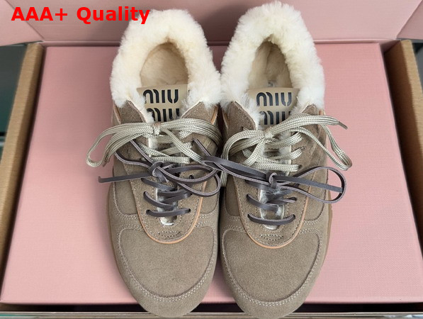 Miu Miu Gymnasium Suede and Shearling Sneakers in Desert Beige 5E428E Replica