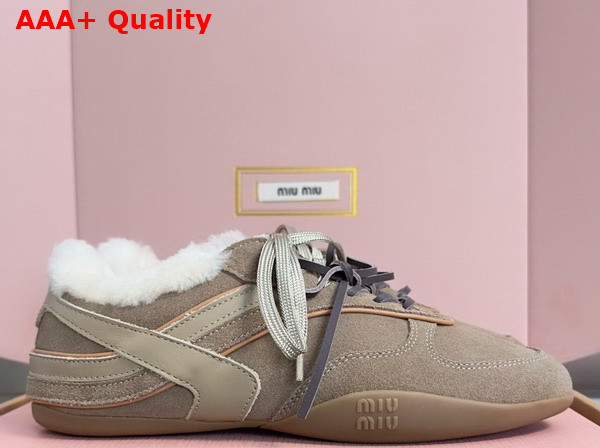 Miu Miu Gymnasium Suede and Shearling Sneakers in Desert Beige 5E428E Replica