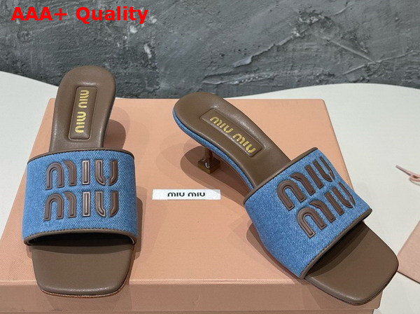 Miu Miu Heeled Denim Slides in Blue and Brown Replica