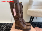 Miu Miu Leather Boots in Cocoa Brown with Straps and Logo Engraved Metal Buckles 5W315E Replica