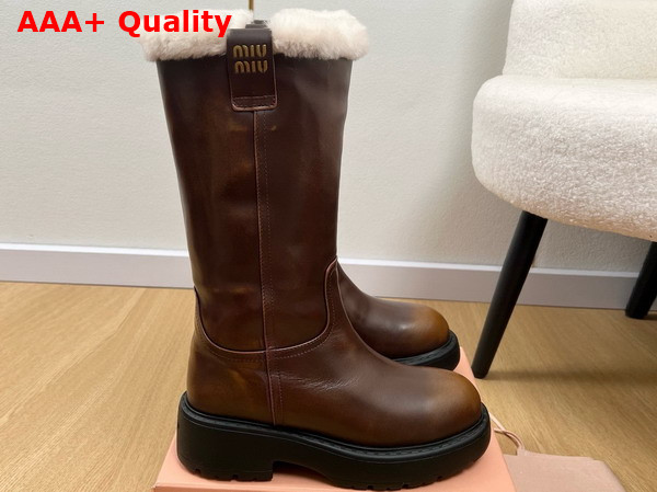 Miu Miu Leather Boots in with Shearling in Brown Replica