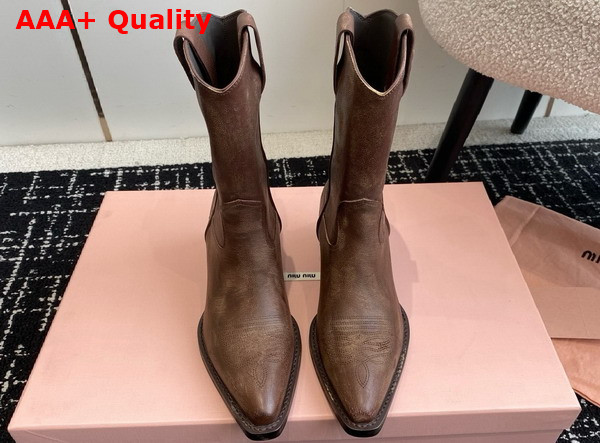 Miu Miu Leather Boots with Vintage Effect in Cocoa Brown 5U349E Replica