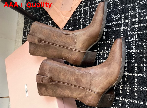 Miu Miu Leather Boots with Vintage Effect in Cocoa Brown 5U349E Replica