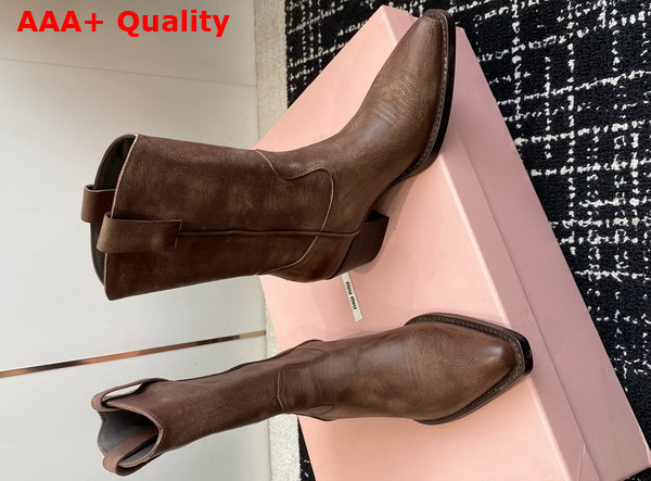 Miu Miu Leather Boots with Vintage Effect in Cocoa Brown 5U349E Replica