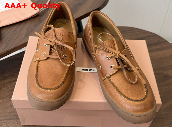 Miu Miu Leather Deck Shoes in Caramel 5D793E Replica