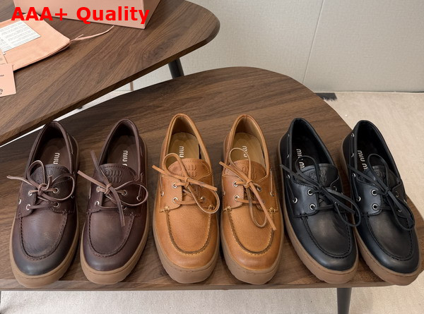 Miu Miu Leather Deck Shoes in Coffee 5D793E Replica