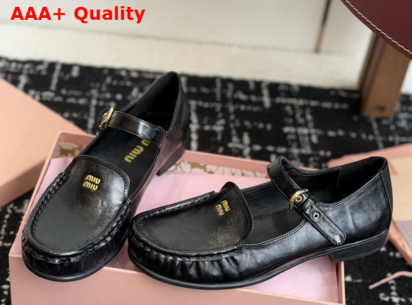 Miu Miu Leather Loafers with Strap in Black 5D563E Replica