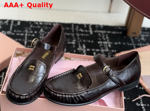 Miu Miu Leather Loafers with Strap in Dark Brown 5D563E Replica