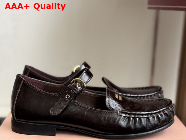 Miu Miu Leather Loafers with Strap in Dark Brown 5D563E Replica