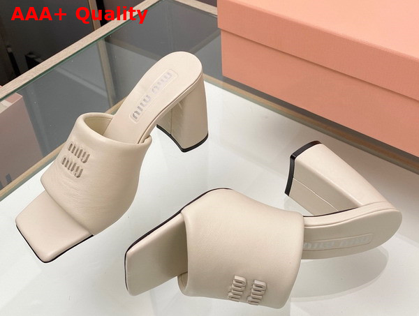 Miu Miu Leather Sandals with Metal Lettering Logo in Beige 5XX614 Replica