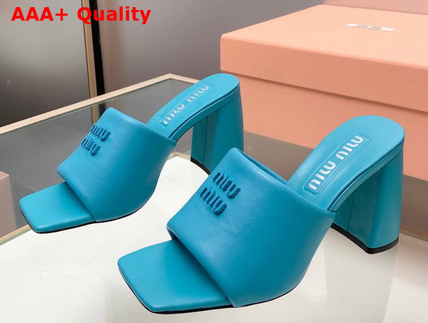 Miu Miu Leather Sandals with Metal Lettering Logo in Sapphire Blue 5XX614 Replica
