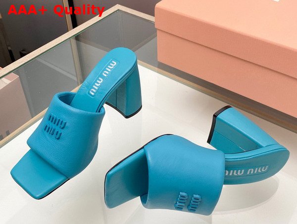 Miu Miu Leather Sandals with Metal Lettering Logo in Sapphire Blue 5XX614 Replica