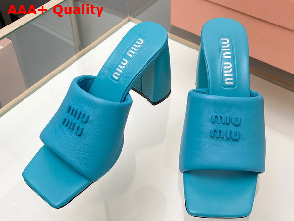Miu Miu Leather Sandals with Metal Lettering Logo in Sapphire Blue 5XX614 Replica