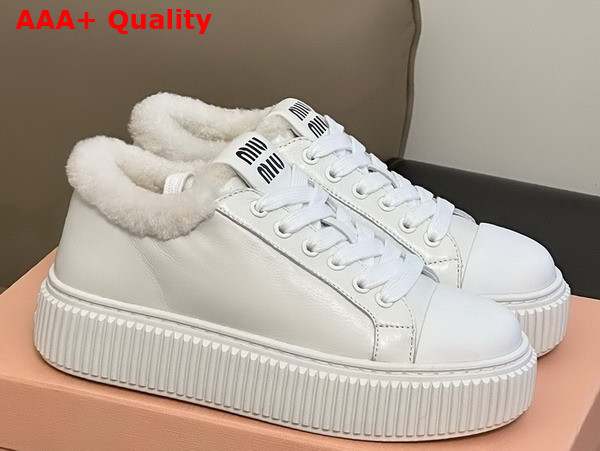Miu Miu Leather Sneaker in White Leather with Shearling Replica