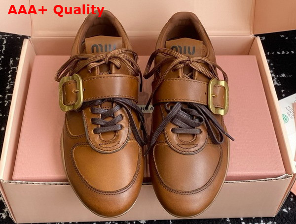 Miu Miu Leather Sneakers with Buckle in Cognac 5E549E Replica