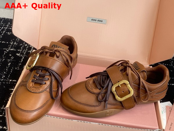 Miu Miu Leather Sneakers with Buckle in Cognac 5E549E Replica