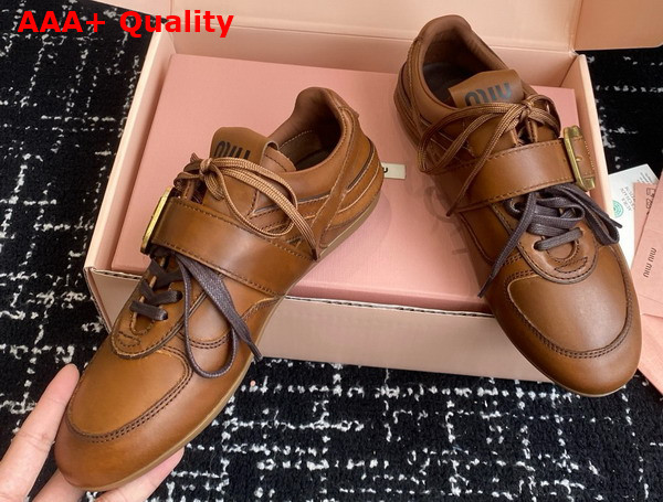 Miu Miu Leather Sneakers with Buckle in Cognac 5E549E Replica