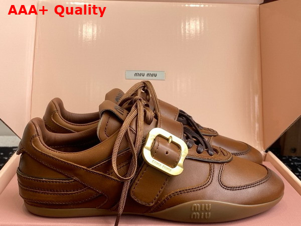 Miu Miu Leather Sneakers with Buckle in Cognac 5E549E Replica