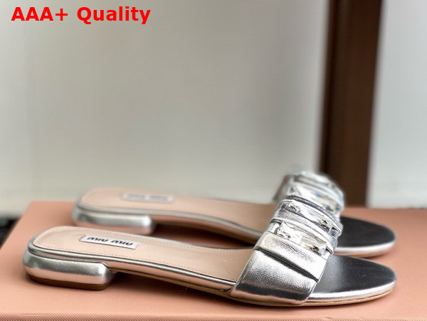 Miu Miu Matelasse Nappa Leather Slides with Crystals Silver Replica