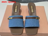 Miu Miu Medium Heeled Slides in Blue Denim and Brown Leather Replica