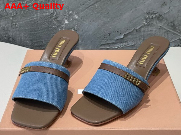 Miu Miu Medium Heeled Slides in Blue Denim and Brown Leather Replica