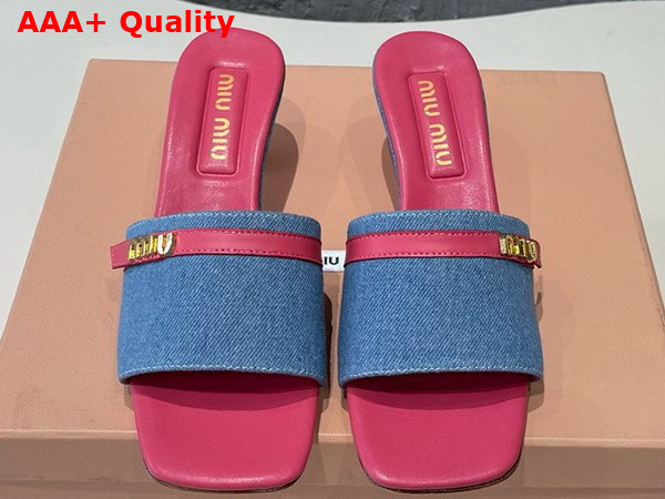 Miu Miu Medium Heeled Slides in Blue Denim and Pink Leather Replica