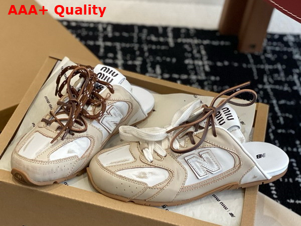 Miu Miu New Balance x Miu Miu 530 SL Deco Calf Leather Mules Travertine Gray White 5E333E Replica