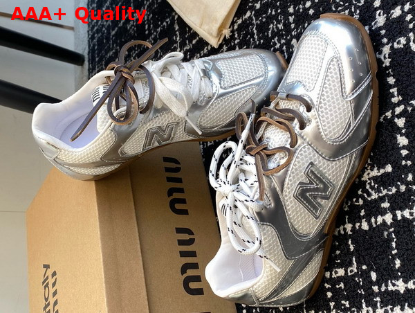 Miu Miu New Balance x Miu Miu 530 SL Patent Leather and Mesh Sneakers White and Silver 5E165E Replica